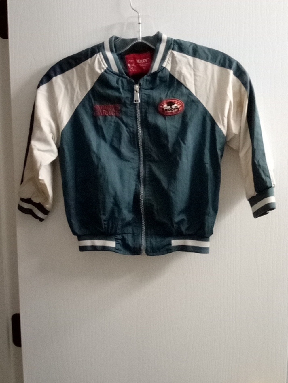 Toddler Green and Cream Bomber Jacket with Patch Detail